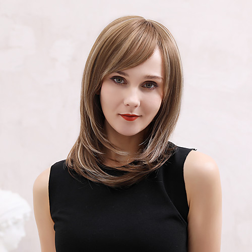 

Remy Human Hair Wig Medium Length Straight Natural Straight Bob Layered Haircut Asymmetrical Side Part Brown Cosplay Women Natural Hairline Capless Women's All Chestnut Brown / Medium Auburn 16 inch