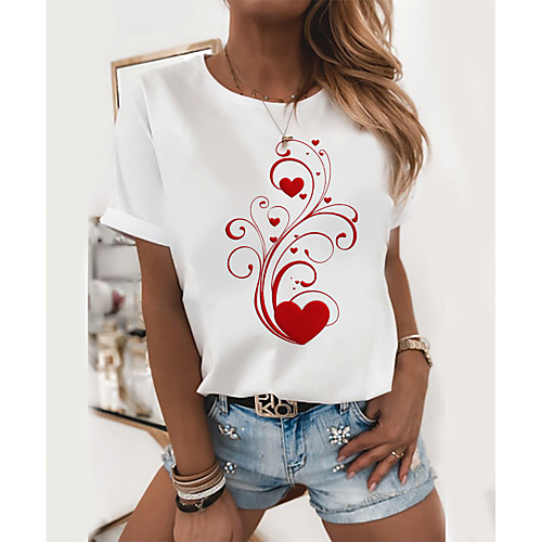 

Women's T-shirt Graphic Prints Round Neck Tops Slim 100% Cotton Basic Top White
