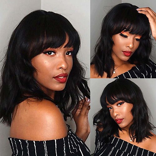 

Synthetic Wig Wavy Short Bob With Bangs Wig Medium Length Black Synthetic Hair 14 inch Women's Party Adorable Fashion Black