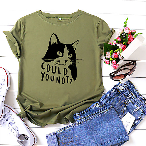 

Women's T-shirt Cat Letter Print Round Neck Tops 100% Cotton Basic Basic Top White Yellow Blushing Pink
