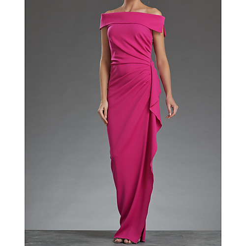 

Sheath / Column Mother of the Bride Dress Elegant Off Shoulder Floor Length Polyester Short Sleeve with Split Front Ruching 2021