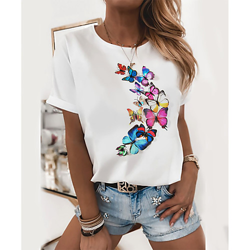 

Women's T shirt Butterfly Graphic Prints Round Neck Tops 100% Cotton Butterfly Cat White