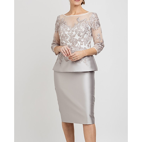 

Two Piece Sheath / Column Mother of the Bride Dress Elegant Illusion Neck Knee Length Lace Satin 3/4 Length Sleeve with Appliques Split Front 2021