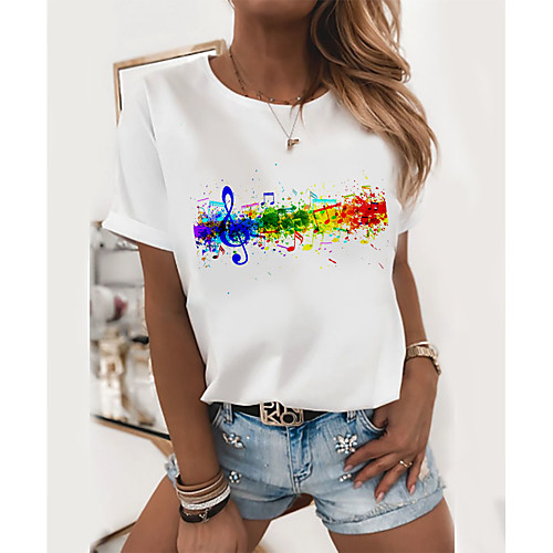 

Women's T-shirt Graphic Prints Round Neck Tops Loose 100% Cotton Basic Top White