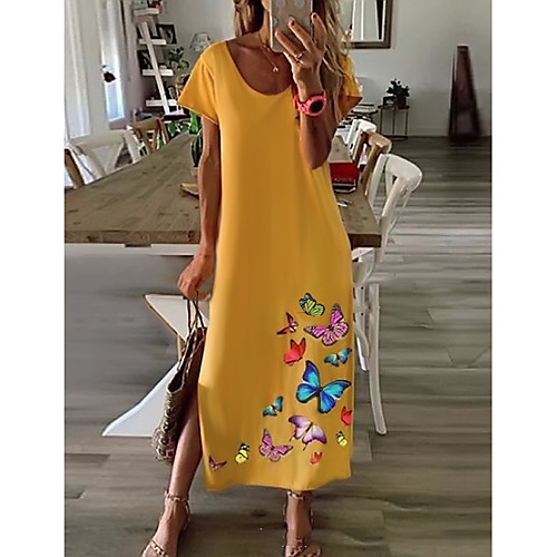 

Women's Shift Dress Midi Dress White Yellow Short Sleeve Floral Summer Round Neck Hot Streetwear 2021 S M L XL XXL 3XL