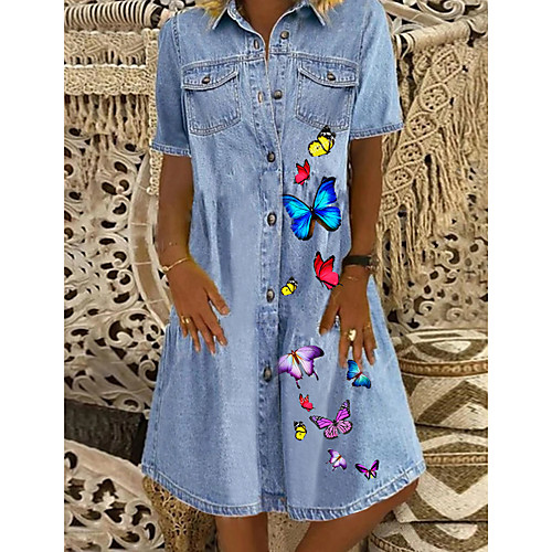 

Women's Denim Shirt Dress Butterfly Knee Length Dress - Short Sleeve Animal Pocket Print Button Front Summer Shirt Collar Casual 2020 Blue M L XL XXL XXXL