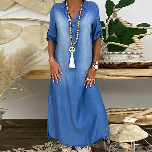 

Women's Denim Dress Maxi long Dress - Half Sleeve Summer V Neck Plus Size Casual 100% Cotton Loose 2020 Blue M L XL XXL XXXL