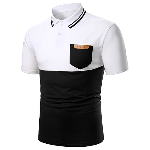 

Men's Polo Color Block Patchwork Short Sleeve Holiday Tops Basic Black Gray