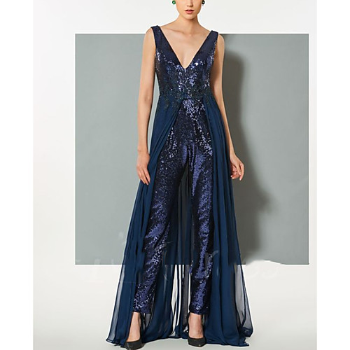 

Jumpsuits Beautiful Back Elegant Wedding Guest Formal Evening Dress V Neck Sleeveless Floor Length Sequined with Sequin 2021