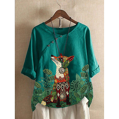 

Women's Blouse Shirt Animal Round Neck Tops Cotton Basic Top Blushing Pink Army Green Navy Blue