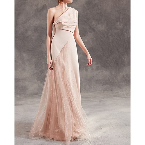 

A-Line Beautiful Back Elegant Wedding Guest Formal Evening Dress One Shoulder Sleeveless Floor Length Satin with Sequin 2021