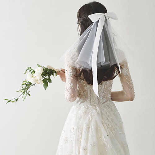 

Two-tier Sweet Style Wedding Veil Shoulder Veils with Satin Bow 30 cm Tulle