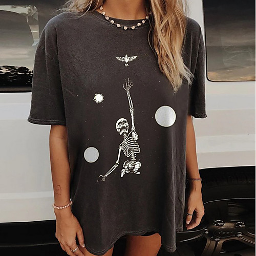 

Women's Halloween T-shirt Skull Round Neck Tops Loose Halloween Basic Top Black