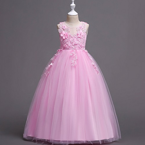 

Princess / Ball Gown Floor Length Party / Wedding Flower Girl Dresses - Satin / Tulle Sleeveless Jewel Neck with Bow(s) / Appliques