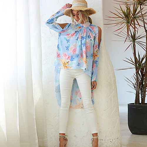 

Women's Blouse Shirt Floral Flower Long Sleeve Round Neck Tops Basic Top White Black Blue