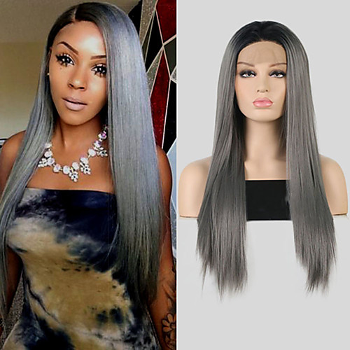 

Synthetic Lace Front Wig Silky Straight Middle Part Lace Front Wig Long Black / Grey Synthetic Hair 18-26 inch Women's Adjustable Heat Resistant Synthetic Dark Gray
