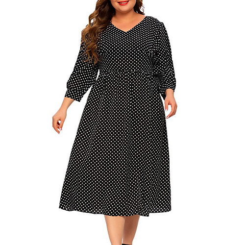 

Women's A Line Dress Midi Dress Black 3/4 Length Sleeve Polka Dot Summer V Neck Work Vintage 2021 3XL 4XL 5XL / Plus Size