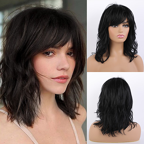 

Remy Human Hair Wig Long Natural Wave Layered Haircut Asymmetrical Side Part With Bangs Black Women Fashion Natural Hairline Capless Women's All Natural Black #1B 16 inch