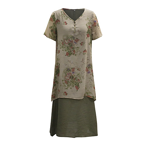 

Women's Shift Dress Midi Dress Army Green Orange Short Sleeve Floral Patchwork Print Summer V Neck Casual Cotton 2021 M L XL XXL 3XL 4XL 5XL
