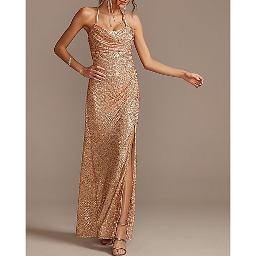 

Sheath / Column Sparkle Sexy Engagement Formal Evening Dress Halter Neck Sleeveless Floor Length Sequined with Ruched Split 2021