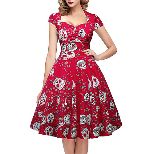 

Women's Sheath Dress Knee Length Dress Black Red Short Sleeve Print Zipper Print Summer V Neck Vintage Cotton 2021 S M L XL XXL