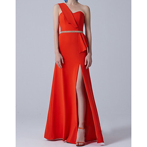 

A-Line Minimalist Elegant Wedding Guest Formal Evening Dress One Shoulder Sleeveless Floor Length Satin with Sash / Ribbon Split 2021