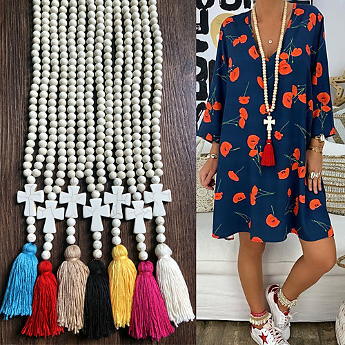 

Women's Long Necklace Tassel Ethnic Fashion Boho Stone Light Khaki Black Blue Yellow Blushing Pink 90 cm Necklace Jewelry For Gift Beach Festival