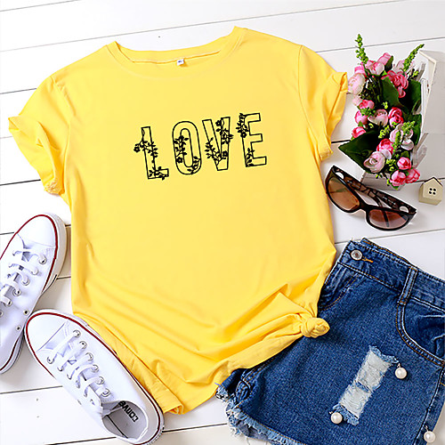 

Women's T shirt Floral Graphic Text Print Round Neck Tops 100% Cotton Basic Basic Top White Black Yellow