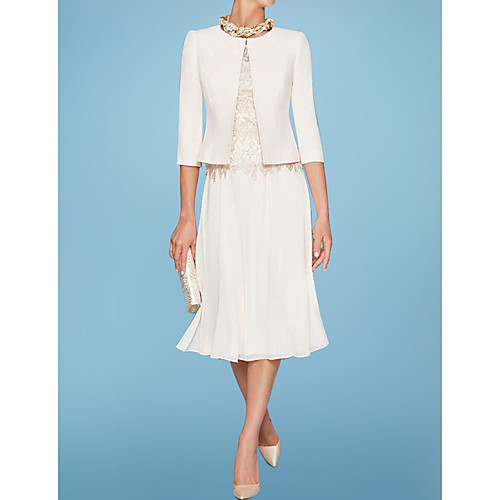 

Two Piece Sheath / Column Mother of the Bride Dress Elegant Jewel Neck Knee Length Chiffon Lace Satin 3/4 Length Sleeve with Appliques 2021