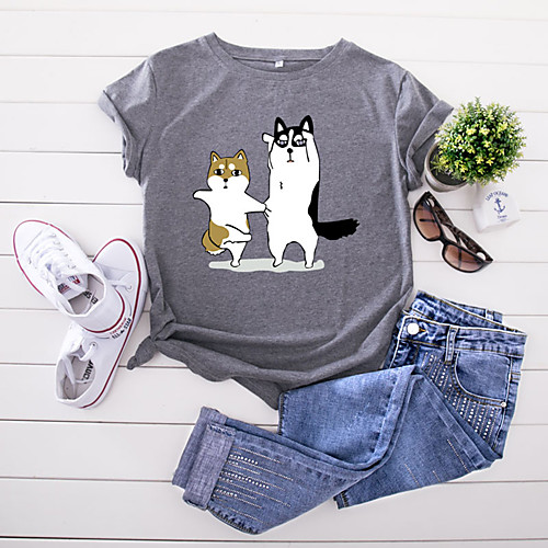 

Women's T-shirt Animal Print Round Neck Tops 100% Cotton Basic Basic Top White Black Yellow