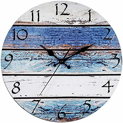 

rustic beach wall clock 12 round, silent non ticking quartz - battery operated, fiberboard wooden look, vintage shabby beachy ocean coastal paint boards nautical decorative clocks 30cm30cm