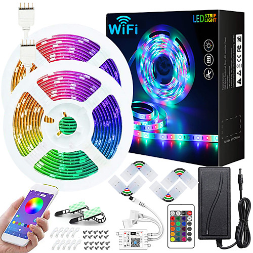 

50ft 2x7.5M WIFI App Controlled Music Sync Colour Changing RGB LED Strip Lights with 24-Key Remote Sensitive Built-in Mic 5050 RGB LED Light Strip Kit DC12V