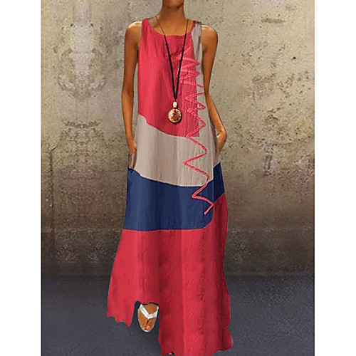 

Women's A-Line Dress Maxi long Dress - Sleeveless Color Block Patchwork Summer Plus Size Casual Holiday Vacation 2020 White Red Khaki Dusty Blue S M L XL XXL XXXL XXXXL XXXXXL