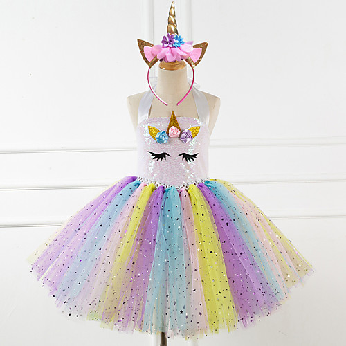 

Unicorn Dress Girls' Movie Cosplay Vacation Dress New Year's Pink Rainbow Dress Headwear Christmas Halloween Carnival Polyester / Cotton Polyester