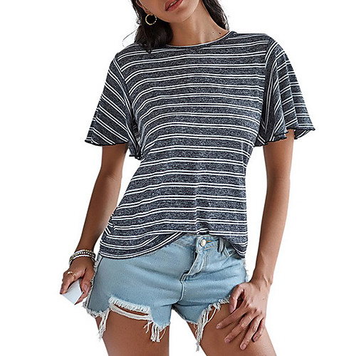 

Women's T-shirt Striped Round Neck Tops Cotton Basic Top Gray