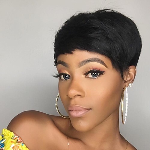 

Remy Human Hair Wig Short Straight Pixie Cut Short Bob Natural Women Sexy Lady New Capless Malaysian Hair Women's Natural Black #1B 6 inch