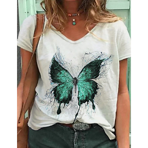 

Women's T shirt Butterfly Printing Animal Round Neck Tops Basic Top White Yellow