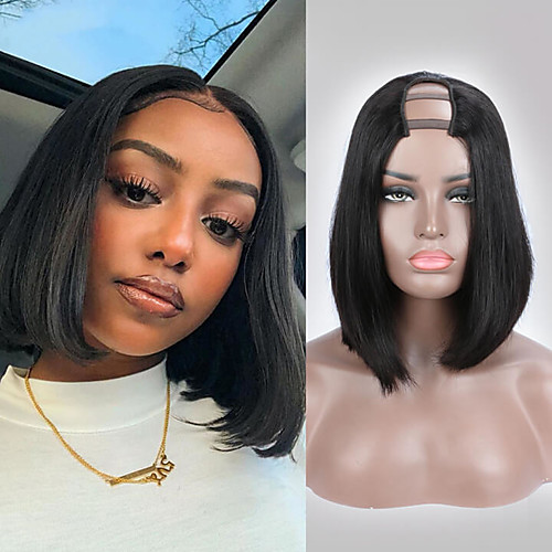 

Remy Human Hair Wig Short Natural Straight Bob U Part Natural Black Fashion For Black Women U Part Brazilian Hair Women's Natural Black #1B 8 inch 10 inch 12 inch