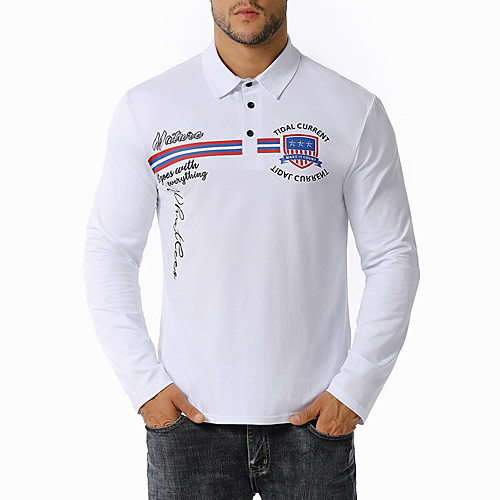 

Men's Polo Letter Plus Size Long Sleeve Daily Tops Cotton White Black Blue