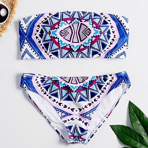 

Women's Bikini Swimsuit Print Geometric Blue Swimwear Strapless Bathing Suits