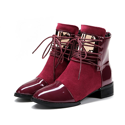 

Women's Boots Motorcycle Boots Block Heel Round Toe Booties Ankle Boots Basic Roman Shoes Daily Patent Leather Lace-up Solid Colored Wine Black / Booties / Ankle Boots