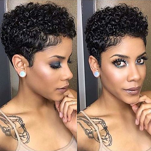 

Remy Human Hair Wig Short Afro Curly Kinky Pixie Cut Natural Black Natural Cool Fashion Capless Women's Natural Black 6 inch