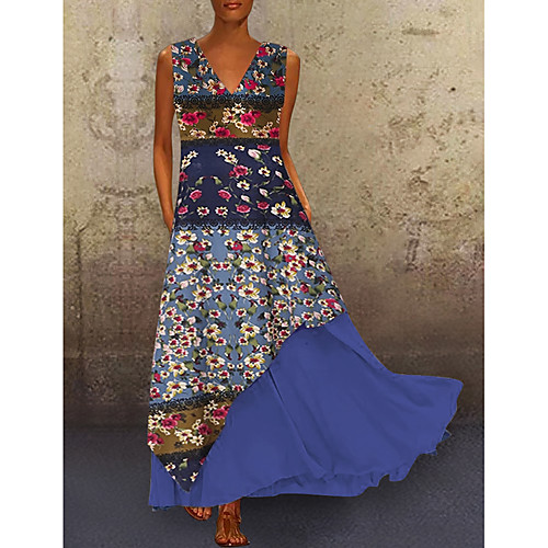 

Women's A Line Dress Maxi long Dress Blue Blushing Pink Green Sleeveless Print Summer V Neck Casual Mumu Cotton 2021 M L XL XXL 3XL 4XL 5XL