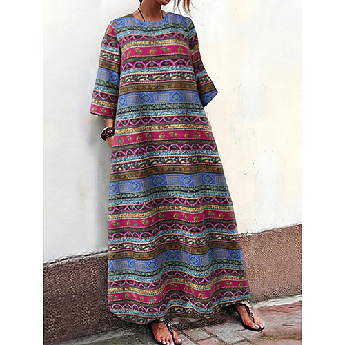 

Women's Shift Dress Maxi long Dress Blue Red 3/4 Length Sleeve Print Print Summer Round Neck Casual Cotton 2021 M L XL XXL 3XL 4XL 5XL