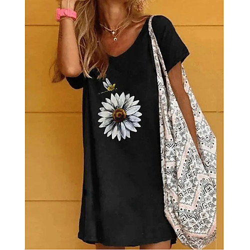 

Women's T Shirt Dress Tee Dress Short Mini Dress Black Short Sleeve Print Summer V Neck Hot Casual 2021 S M L XL XXL 3XL