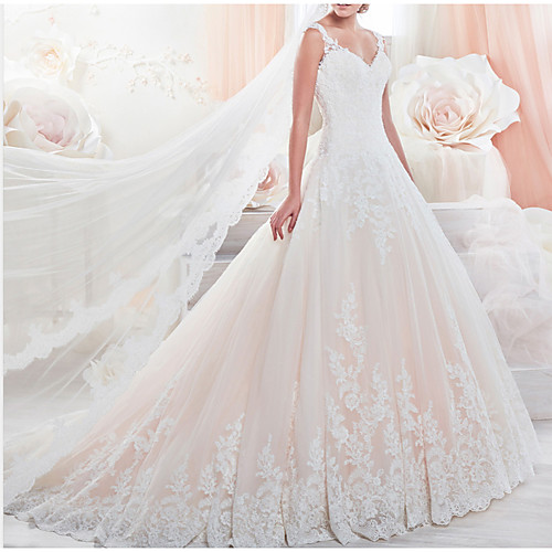

A-Line Wedding Dresses V Neck Chapel Train Lace Tulle Sleeveless Formal with Appliques 2021