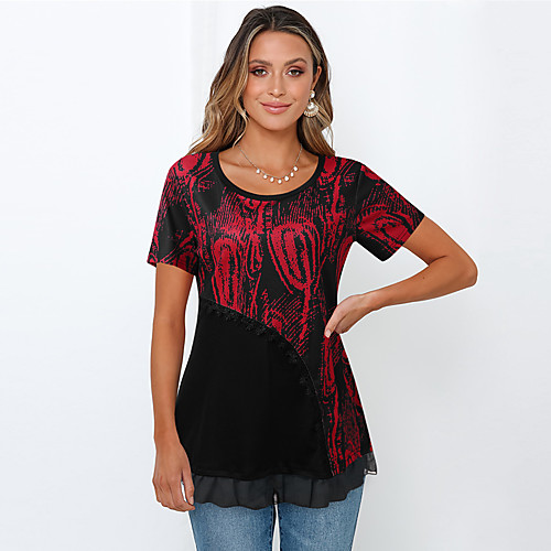 

Women's Blouse Shirt Abstract Round Neck Tops Loose Basic Top Red