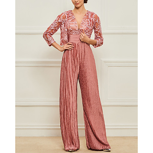 

Jumpsuits Mother of the Bride Dress Elegant V Neck Floor Length Lace Satin Stretch Satin Sleeveless with Pleats Embroidery 2021