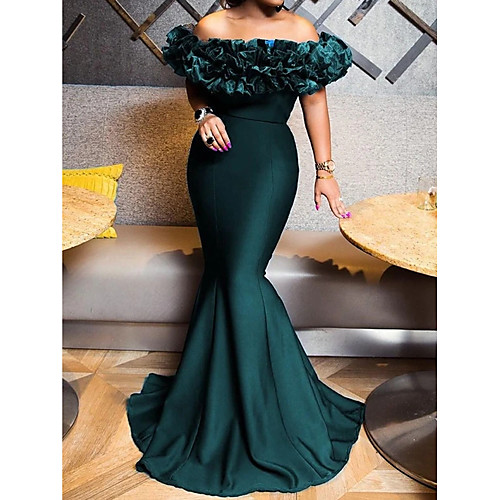 

Mermaid / Trumpet Elegant Sexy Engagement Formal Evening Dress Off Shoulder Short Sleeve Sweep / Brush Train Stretch Satin with Sleek 2021