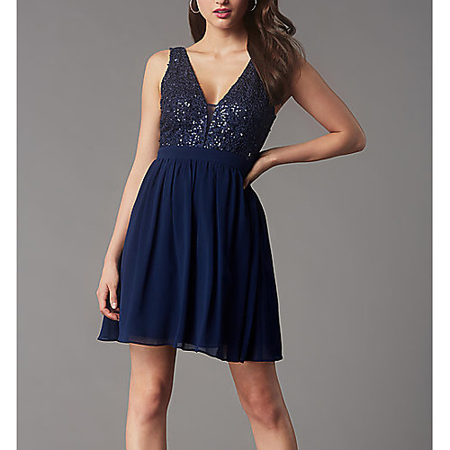 

A-Line Glittering Flirty Homecoming Cocktail Party Dress V Neck Sleeveless Short / Mini Chiffon with Pleats Sequin 2021